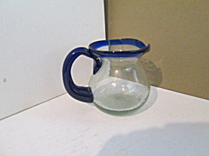 Vintage Blown Glass Clear Pitcher With Blue Trim