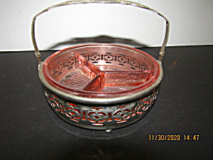 Vintage Pink Glass Three Section Dish In Holder