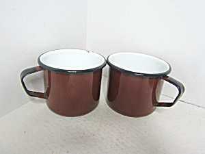 Vintage Graniteware Enamelware Brown Coffee Mugs