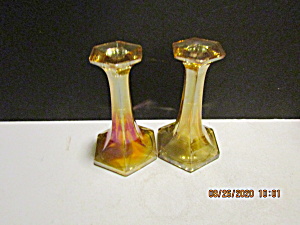 Vintage Imperial Carnival Glass Hexagon Candlesticks