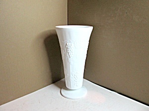 Milk Glass Footed Vase Grape & Leaf Harvest Pattern