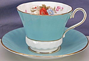 Aynsley Blue W/ Floral Bouquet Cup & Saucer