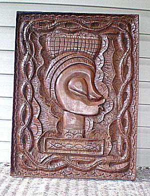 Sculpture Of Stylized Head 1950s Wooden Bas Relief