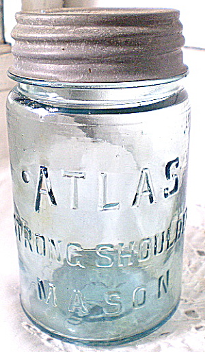 Fruit Jar Atlas Blue Strong Shoulder Pint 1930s