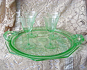 Antique Green Etched Depression Glass Tray & Stemware