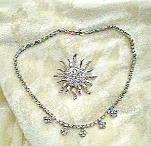 Vintage 1950s Rhinestone Necklace And Brooch
