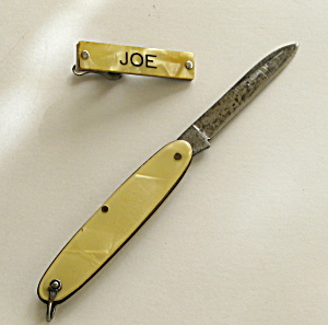 Vintage Mother Of Pearl Tie Clip And Pen Knife Set