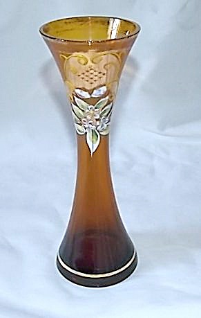 Art Glass Enameled Vase Amber W/ Bright Floral