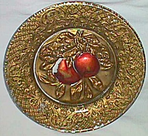 Antique Goofus Glass Plate 2 Apples In Center