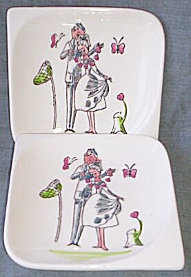 Pair Funny 50's Bone Dishes Butterfly Catching Couple