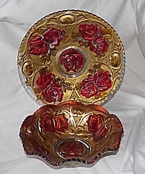 Stunning Double Rose Goofus Glass Underplate And Bowl