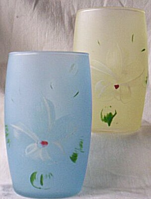 2 Hand Painted Satin Glass Tumblers White Flowers