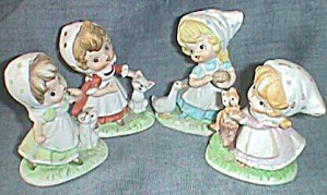 4 Tiny Homco Girls W/ Pets Figurines