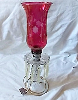 Vintage Cranberry Glass Hurricane Lamp W/ Prisms