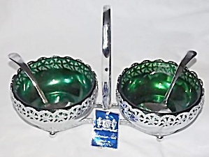Emerald Glass & Chrome Jam/jelly Set England