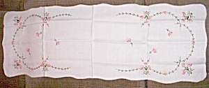 Vintage Embroidered Table Runner Peach Flowers