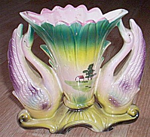 Iridescent Double Swan Porcelain Vase