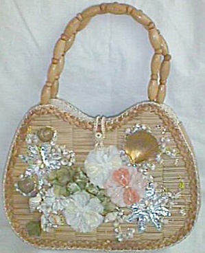 Unusual Vintage Bamboo Purse W/ Floral Shell Front