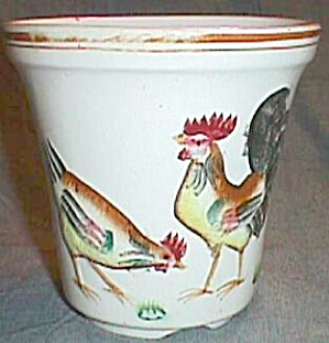 Old Hand Painted Pot Rooster Hen & Chick