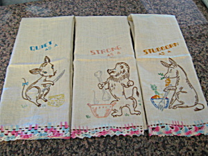 Embroidered Vintage Linen Towel Trio