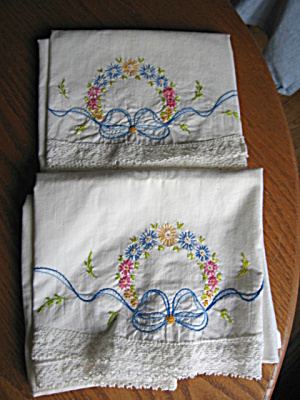 Embroidered Flower & Ribbon Vintage Pillowcases