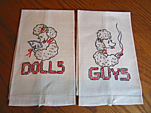 Vintage Embroidered Poodle Linen Tea Towels