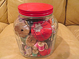 Large Red Jar W/sewing Notions