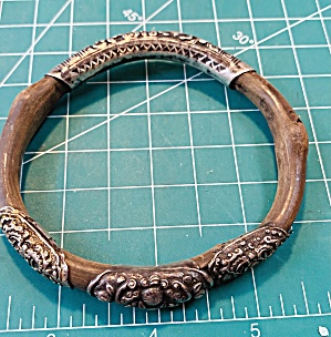 Antique Wooden Bangle Bracelet With Sterling Accent