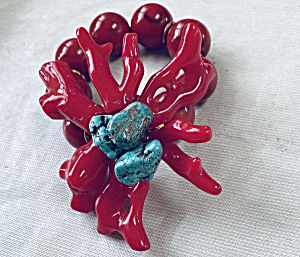 Faux Red Coral & Turquoise Nugget Bracelet