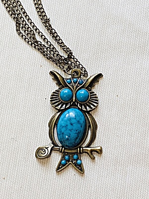 Vintage Turquoise In Silver Owl Frame Necklace