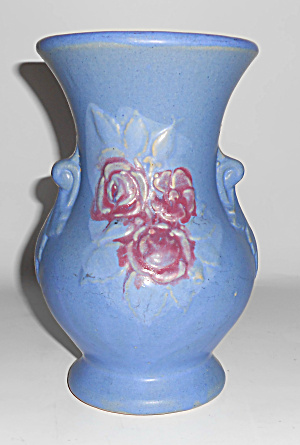 Brush Mccoy Pottery Blue W/floral Decoration #741 Vase