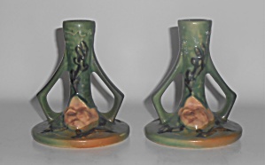 Roseville Art Pottery Pair Green Magnolia #1157 Candle