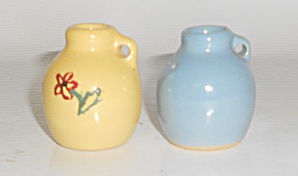 Vintage Uhl Pottery Miniature Blue/yellow Jug Salt & Pe