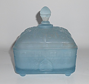 Tiara Indiana Glass Blue Satin Frosted Honey Bee Box &