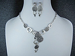 Costume Necklace And Earrings Grey Glass Silver Tone
