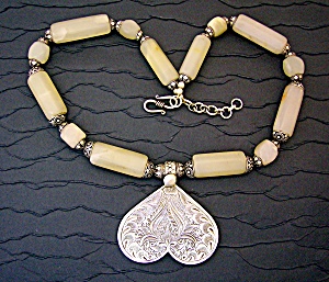 Sterling Silver Heart White Jade Silver Beads Necklace