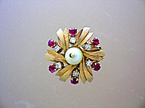 14k Gold Ruby Diamond And Pearl Enhancer Clip