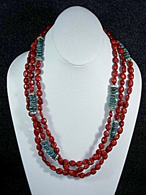 Red Coral Turquoise Rhinestone 3 Strand Necklace