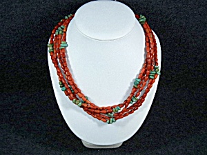 Orange Coral And Turquoise Designer 5 Strand Necklace