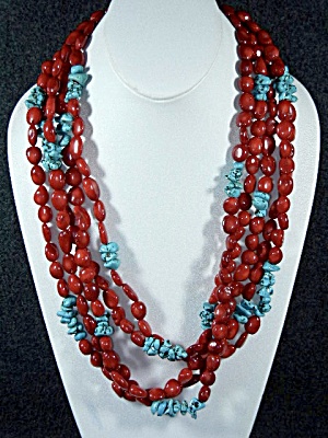 Red Coral Turquoise 5 Strand Necklace