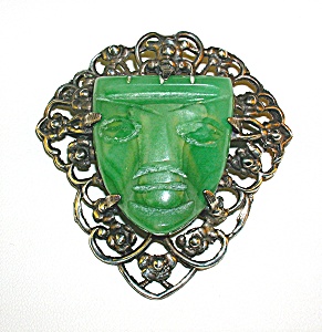 Mexico Sterling Silver Green Jade Glass Brooch