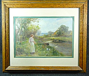Framed, Artist Signed Print Lady By Stream With Ducks
