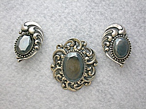 Danecraft Sterling Silver Hematite Brooch And Clip Ear
