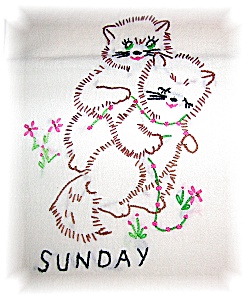 7 Hand Embroidered Kitty Kat Tea Towels