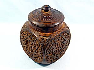 Vintage Hand Carved Teak Wood Jar With Lid - Floral
