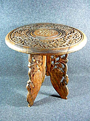 Vintage Hand Carved Table With Bone Inlay