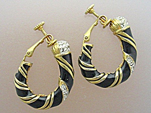 Enamel Crystal And Goldtone Clip Earrings Vintage