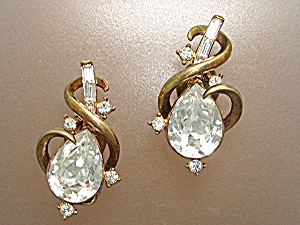 Earrings Crystal Gold Crown Trifari Pat Pending Clip