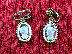 Gold White Lucite Cameo Dangle Clip Earrings