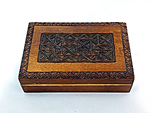 Carved Wooden Box Hinged With Brass Inlay
